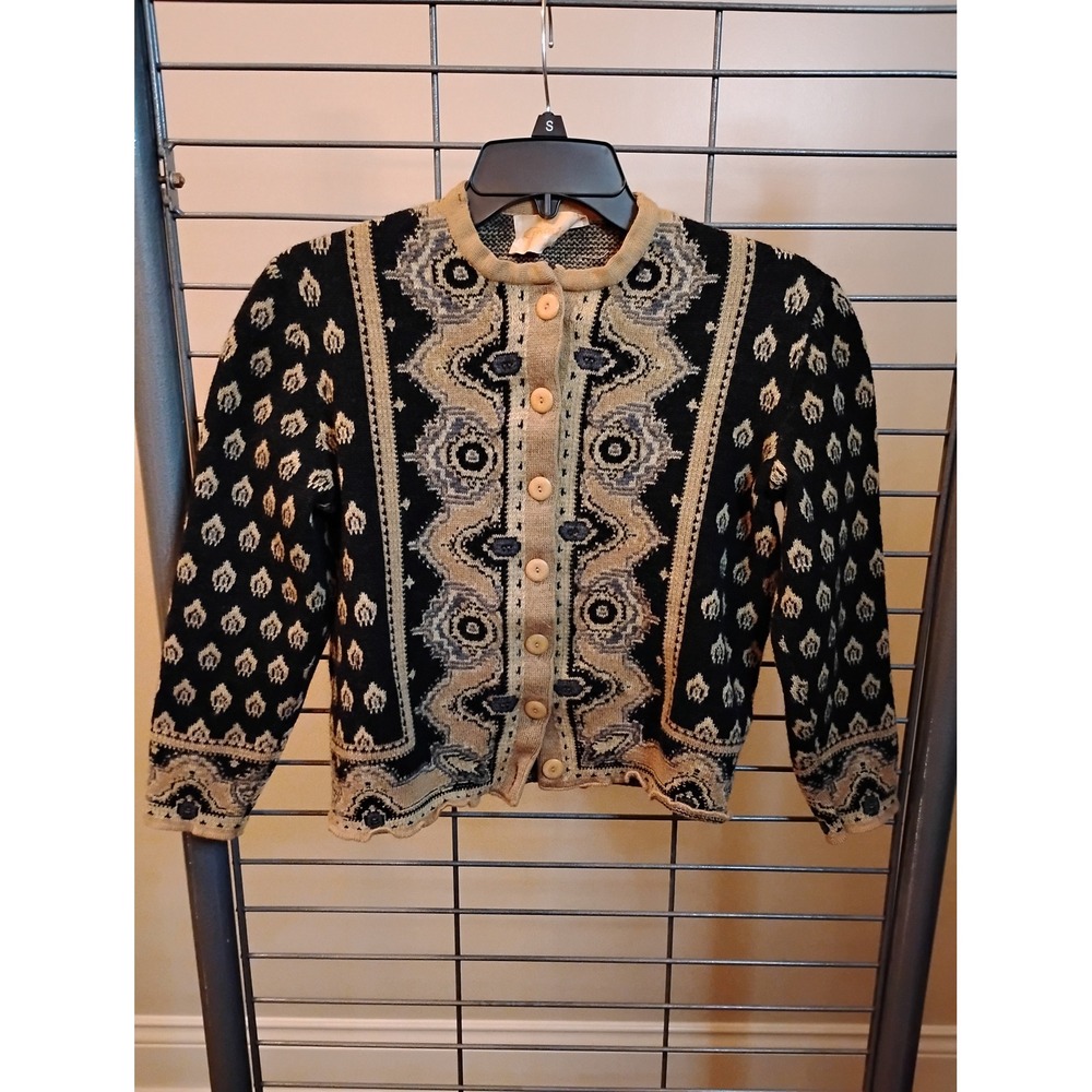 Vintage Catalina Black Tan Geometric Jacquard Knit Button Front Cardigan Small